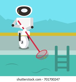 Domestic robot cleaning the swimming pool from leaves with skimmer. Personal robot assistance futuristic concept illustration vector.
