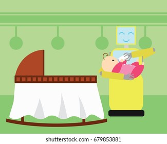 Domestic robot feeding newborn baby by bottle. Personal robot nanny futuristic concept illustration vector.
