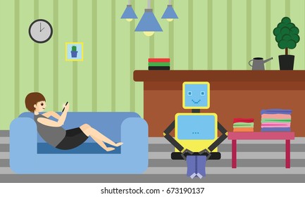 Domestic Robot folding the clothes while young man resting on sofa using hid smartphone. Personal robot housekeeping futuristic concept illustration vector.
