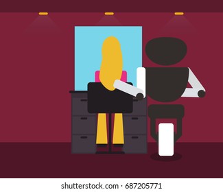 Domestic robot hairdresser at work in beauty salon. Robot professional futuristic concept illustration vector.
