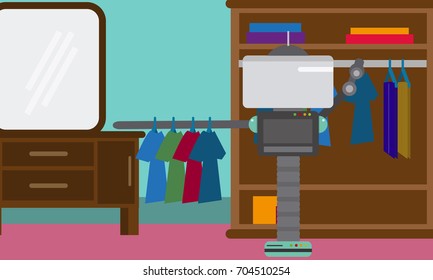 Domestic Robot hanging clothes on hangers in a closet. Personal robot housekeeping futuristic concept illustration vector.
