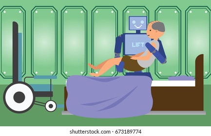 Domestic Robot Helping Senior From Wheel Chair To Bed. Personal Robot Elderly Care Nurse Futuristic Concept Illustration Vector.
