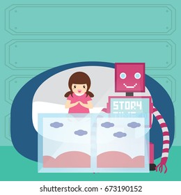 Domestic Robot and little girl reading bedtime story on virtual screen. Personal robot childcare futuristic concept illustration vector.
