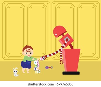 Domestic Robot and little kid playing with alphabet blocks. Personal robot childcare futuristic concept illustration vector.
