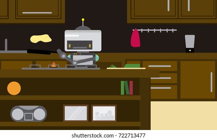 Domestic robot preparing omelette in pan at modern kitchen. Personal robot chef futuristic concept illustration vector.
