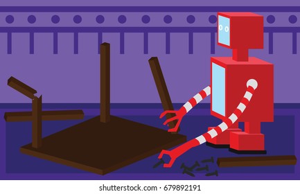 Domestic robot repairing a wooden table. Robotic carpenter futuristic concept illustration vector.
