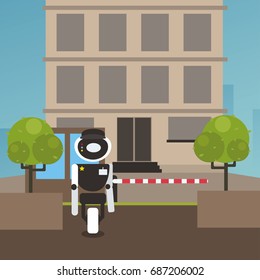 Domestic robot security guard standing at entrance gate of society building. Personal robot assistance futuristic concept illustration vector.
