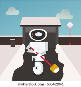 Domestic robot shoveling winter snow. Robotic shovel futuristic concept illustration vector.
