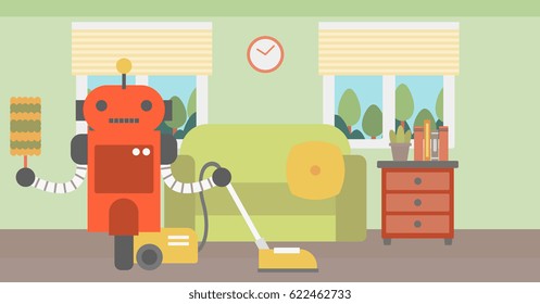 Domestic robot using a vacuum cleaner. Domestic personal robot cleaning carpet with vacuum cleaner in living room. Robot with vacuum cleaner at home. Vector flat design illustration. Horizontal layout