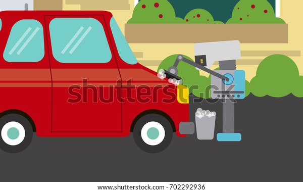 Domestic robot\
washing the car with brush and soap. Personal household robot\
futuristic concept illustration\
vector.\
