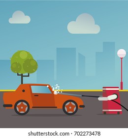 Domestic robot washing the car with water hose. Personal household robot futuristic concept illustration vector.