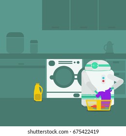 Domestic Robot washing clothes. Personal robot housekeeping futuristic concept illustration vector.
