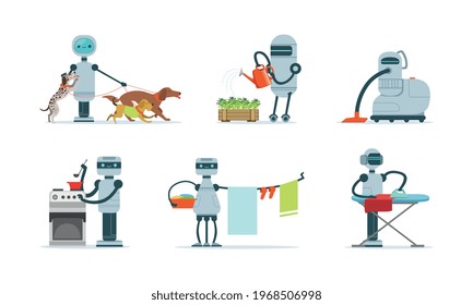 Domestic Robots Set, Artificial Intelligence Android Assistant Helping People with Housework Cartoon Vector Illustration