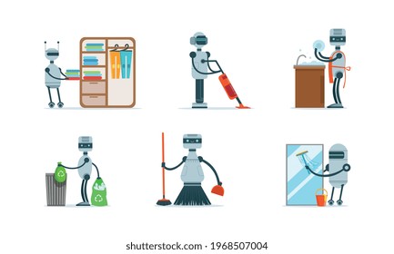 Domestic Robots Set, Home Android Assistant Helping People with Housework Cartoon Vector Illustration