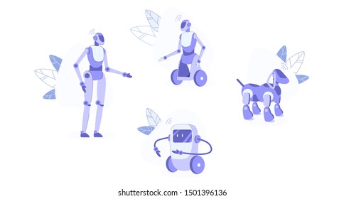 Domestic Robots Set Isolated on White Background. Automation Household Help with Cooking, Cleaning, House Protection. Humanised and Animal Like Robotics Machines, Ai. Cartoon Flat Vector Illustration