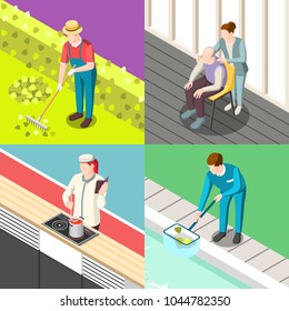 Domestic Servant Isometric Design Concept With Gardener, Personal Chef, Pool Cleaner, Nurse Isolated Vector Illustration