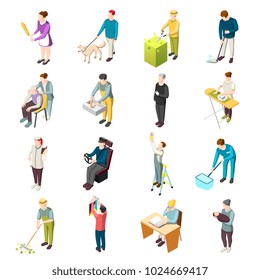 Domestic servant set of isometric icons with housemaid, gardener, nanny, personal chef, driver, nurse isolated vector illustration