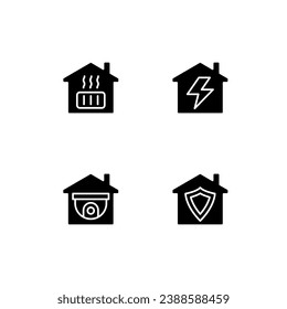 Domestic services black glyph icons set on white space. Heating system for home. Electricity supply. Security system. Silhouette symbols. Solid pictogram pack. Vector isolated illustration