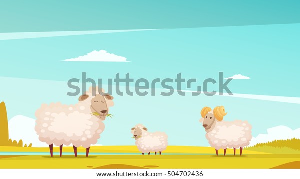 Domestic sheep\
breeding and raising farm pasture funny cartoon poster with grazing\
ram and lamb vector illustration\
