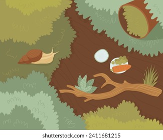 A domestic snail crawls around a home garden, top view. The domestic snail lives in a garden specially created for it. A slow sloth friend lives in the house. Flat vector illustration