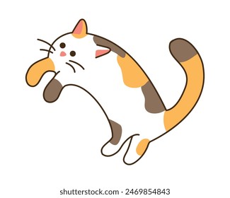 El gato manchado doméstico huye. Lindo gatito tricolor se paró en sus patas traseras. Animal Kawaii. Carácter aislado sobre fondo blanco para pegatina. Ilustración vectorial