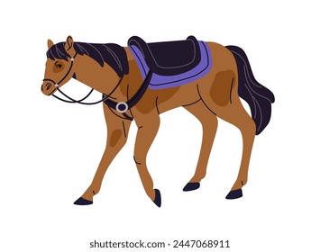 Domestic spotted horse with rein and saddle. Ranch animal, pet, livestock relax. Filly, mare for equestrianism. Flat isolated vector illustration on white background