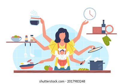 Domestic tasks woman. Multifunctional female character with many hands doing different jobs, mother with baby cooks food. Productive motherhood and household vector cartoon flat isolated concept