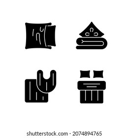 Domestic textile black glyph icons set on white space. Pillow case. Linen bedding. Bathroom rugs. Double bed sheets, blankets. House material products. Silhouette symbols. Vector isolated illustration