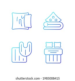 Domestic textile gradient linear vector icons set. Pillow case. Linen bedding. Bathroom rugs. Bed sheets, blankets. Thin line contour symbols bundle. Isolated vector outline illustrations collection