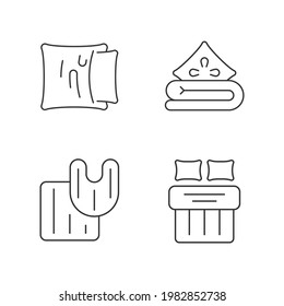 Domestic textile linear icons set. Pillow case. Linen bedding. Bathroom rugs. Double bed sheet, blankets. Customizable thin line contour symbols. Isolated vector outline illustrations. Editable stroke