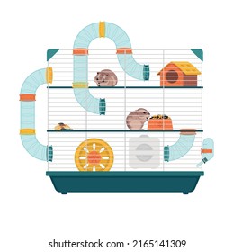 Domestic three level enclosure for hamster with food bowl tunnel exercise wheel flat cartoon vector illustration