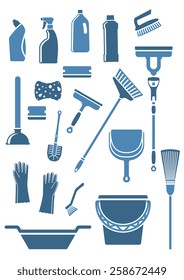 Domestic tools and supplies for cleaning including mop, broom, bucket, brushes, gloves, sponges, dustpan, plunger, squeegee and detergent bottles in blue colors