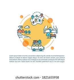 Domestic tourism destinations concept icon with text. Green travelling. Staycationer activities. PPT page vector template. Brochure, magazine, booklet design element with linear illustrations