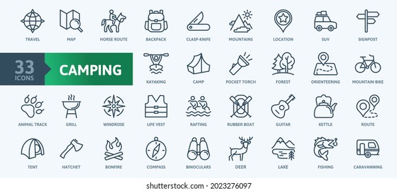 Domestic tourism, local tour, camping -  thin line web icon set. Outline icons collection. Simple vector illustration.
