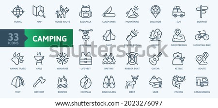 Domestic tourism, local tour, camping -  thin line web icon set. Outline icons collection. Simple vector illustration.