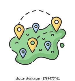 Domestic tourism RGB color icon. Traveling for vacation or business trip inside one country. Local tourism. Map with GPS location tags isolated vector illustration