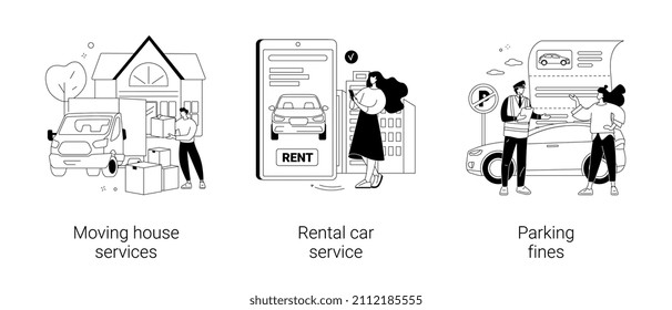 Domestic transport abstract concept vector illustration set. Moving house services, car rental, parking fines, movers and packing, online car booking, key lock, no parking zone abstract metaphor.