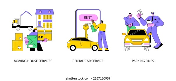 Conjunto de ilustraciones vectoriales del concepto abstracto del transporte nacional. Servicios de casas móviles, alquiler de coches, multas de estacionamiento, traslados y embalaje, reserva de coches en línea, cerradura de llave, no hay metáfora abstracta de zona de estacionamiento.