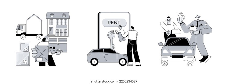 Domestic transport abstract concept vector illustration set. Moving house services, car rental, parking fines, movers and packing, online car booking, key lock, no parking zone abstract metaphor.