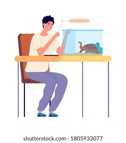 Domestic turtle. Aquarium for reptiles, guy playing with pet. Veterinarian caring for wild animal vector illustration