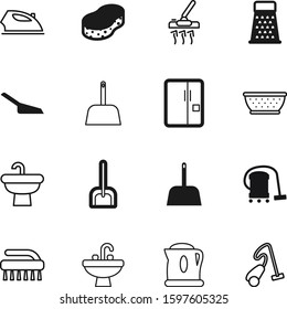 domestic vector icon set such as: technology, old, washbasin, scrub, ironing, ice, lines, modern, kettle, basin, cold, metallic, foam, thermal, brush, clip, coffee, drink, carpet, pasta, estate