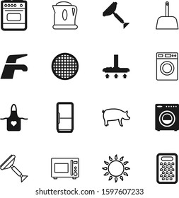 domestic vector icon set such as: dirty, barbecue, piglet, garment, pet, boil, mammal, refrigerator, microwave, women, drink, kitten, litter, chef, mixer, corn, thermal, modern, indoors, vacuum, pig