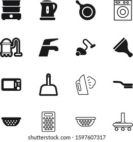 domestic vector icon set such as: button, machine, teapot, culinary, sharp, simple, litter, image, messy, scoop, concept, washer, dry, wipe, tap, thermal, shadow, frying, broom, shirt, press, soap