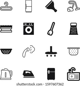 domestic vector icon set such as: hanger, hook, style, heat, ironing, hoover, window, bath, estate, blue, sale, cuisine, shirt, broomstick, sponge, wiper, metallic, gray, cleanup, brush, fashion