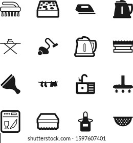 domestic vector icon set such as: faucet, sink, plate, broom, plumbing, apron, electricity, pasta, toilet, maid, simple, scraper, silhouette, electronics, pictogram, blue, graphic, clear, press, cook