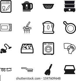 domestic vector icon set such as: dry, cloths, pan, drying, thin, stick, hoover, frying, cartoon, dirty, silhouette, concept, double, image, oven, industry, colander, glass, maid, outline, steam