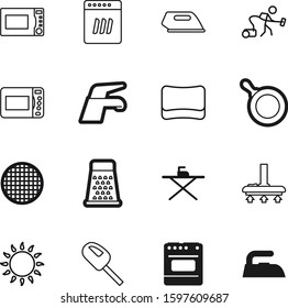 domestic vector icon set such as: smooth, emblem, sieve, clip, sharp, mop, grater, pictogram, purity, style, board, preparation, gas, cleanup, wire, housekeeping, sanitary, fuel, flame, metal, mixer