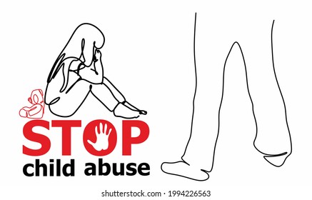 Domestic violence against a child. an inscription in English about CHILD ABUSE, a line drawing of a man's fist and a child sitting on the floor with a toy, a red palm with a protest