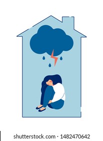 Domestic Violence against women concept. Sad teenage girl sits alone at home under rainy stormy cloud, hugging her knees and crying. Abused woman embraces her body in pain. Flat vector illustration