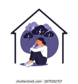 Domestic violence against women concept. Woman sits alone at home under rainy stormy cloud. Her embraces her body in pain. Flat vector